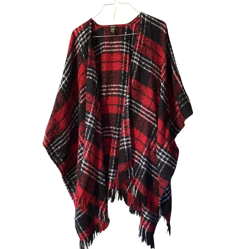 Forever 21 Red Black Plaid Fringe Open Front One Size Cape Poncho